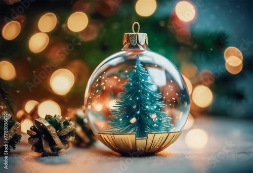 Bellissima decorazione natalizia con palla e alberi di abete photo
