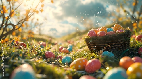 Easter Eggs in Bright Colorful Flowers and Grass 