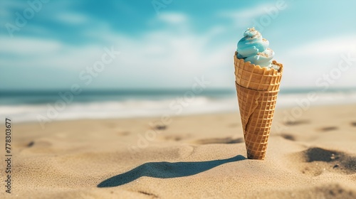 Close up of a cyan Ice Cream Cone at the Beach. Beautiful Summer Vacation Background