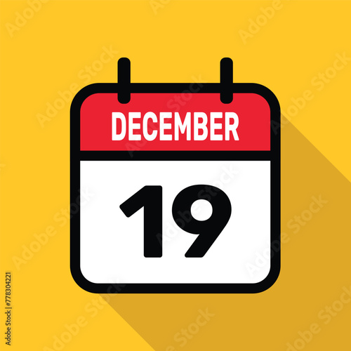 December 19 Calendar icon with long shadow. Flat style. Vector illustration. photo