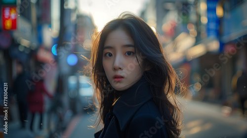In the heart of a bustling metropolis, a young Korean woman gracefully walks along the vibrant city streets, where everyone is in a rush.