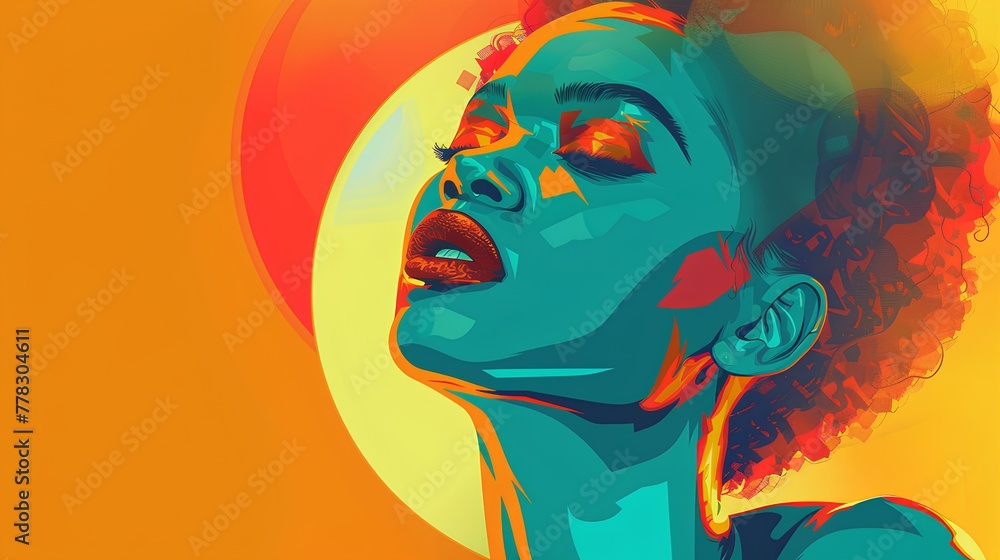 Fototapeta premium Colorful illustration of a woman's face with makeup, featuring fun cartoon design and nature-inspired patterns, including fish