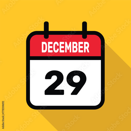 December 29 Calendar icon with long shadow. Flat style. Vector illustration.