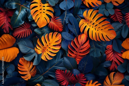 Vibrant Tropical Leaves Arranged in a Dense, Colorful Pattern