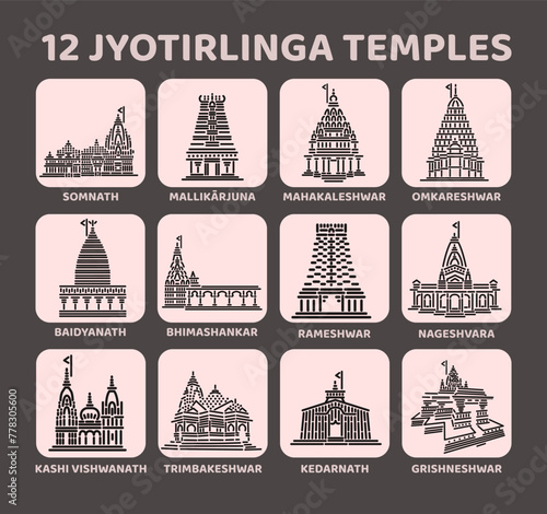 12 Jyotirlinga temples vectot icon set. 12 shiva Mandir.