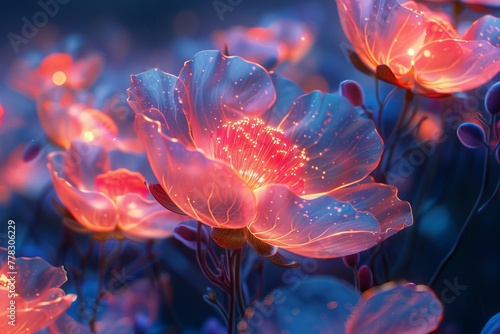 Illuminated Neon Flowers Radiating Light in a Twilight Garden Scene