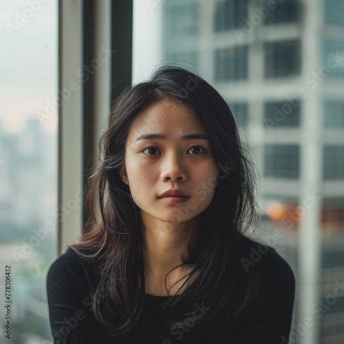 Young Asian woman against the backdrop of panoramic office windows. AI generative. © PROKOPYCH