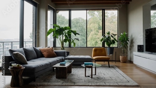 modern living room,A grey couch and chair in a room with large windows and many potted plants.