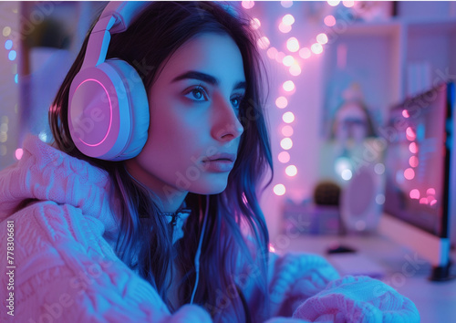 youtuber social media, gamer, Girl with headphones -ai generated