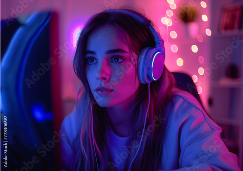 youtuber social media, gamer, Girl with headphones -ai generated