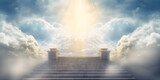 Stairway in blue sky among clouds to radiant sun with heavenly light 3d render marble steps concept freedom of spirit, love, religious symbol paradise