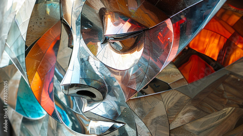 Close-up of abstract metal human face sculpture 