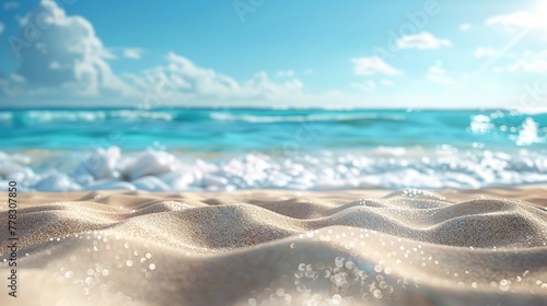 Summer sandy beach with blur ocean on background, Bright color