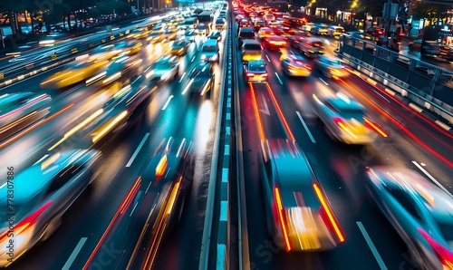 Capturing bustling urban traffic at dusk with motion blur photography, showcasing vibrant car headlights and dynamic night transport on a busy city highway © AhmadTriwahyuutomo