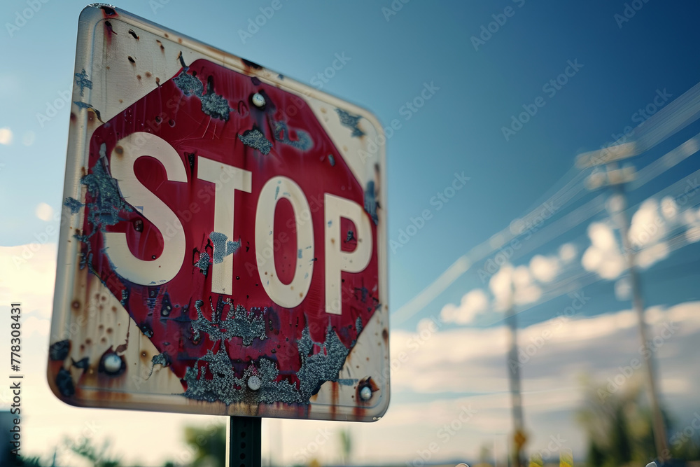 Road sign stop, with writing "Stop" - obrazy, fototapety, plakaty 