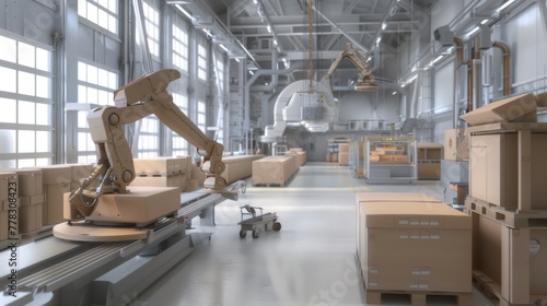 Furniture factory. Modern automated furniture production. Automated arm. Robot makes furniture