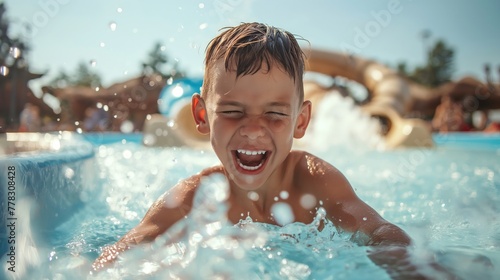 Young Boy Playing in Water at Water Park