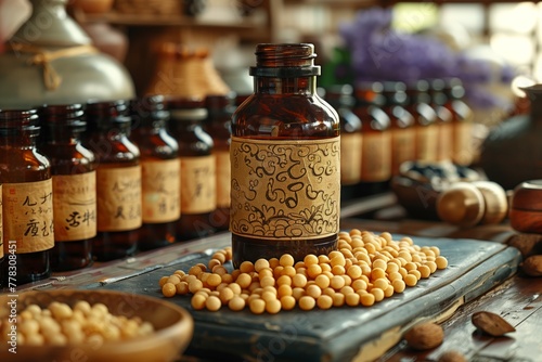 Vintage bottle with soybeans on wooden table photo