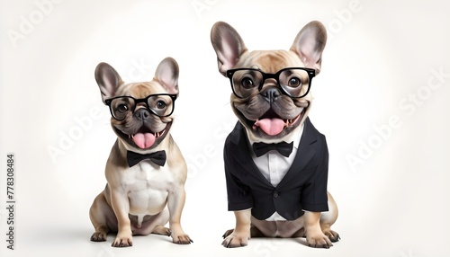 Funny, humorous French Bull Dog. Costumed, dress up. comedy, suit, hero. © Gia