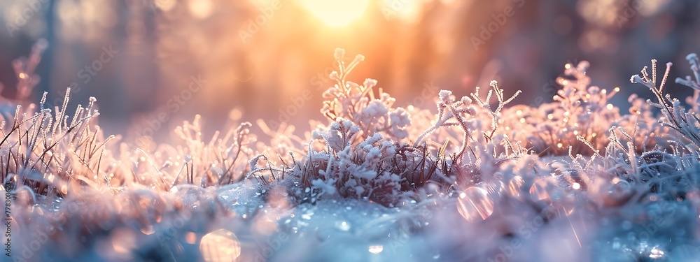 Frozen Nature, Winter Landscape with Ice-Covered Plants - obrazy, fototapety, plakaty 