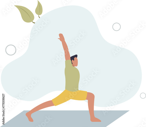 stretch body in yoga poses . Cartoon character doing asana figures and positions on mat.pilates and sport workout.flat vector illustration
