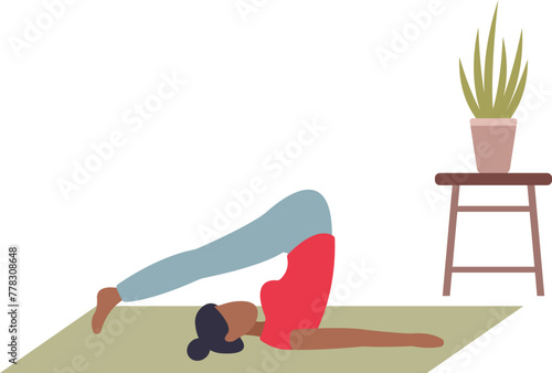 stretch body in yoga poses . Cartoon character doing asana figures and positions on mat.pilates and sport workout.flat vector illustration.woman threw her legs over her head