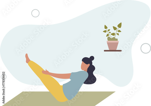 stretch body in yoga poses . Cartoon character doing asana figures and positions on mat.pilates and sport workout.flat vector illustration.position for pumping up abdominal muscles