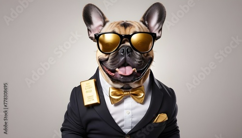 Funny, humorous French Bull Dog. Costumed, dress up. comedy, suit, hero. 