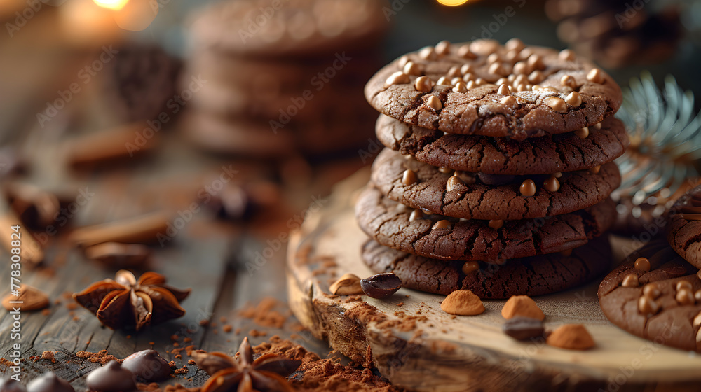 Chocolate Cookies on a Decorated Table with Nuts and Chocolate Chips Chocolate Cookies on a Decorated Table with Nuts and Chocolate Chips