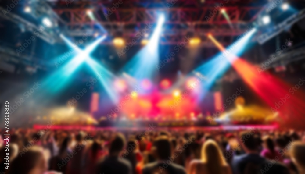 Blurred image of indoor music concert, with audience, stage and colored lights. People at a concert. Live music, leisure concept. Blurred background for social media content. Blurred image of indoor music concert, with audience, stage and colored lights. People at a concert. Live music, leisure concept. Blurred background for social media content.