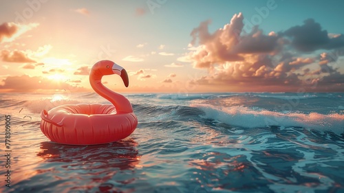 Vibrant inflatable flamingo by the seaside in summer light photo