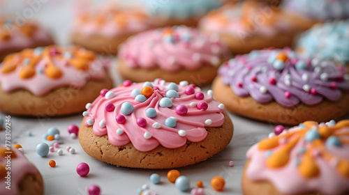 Colorful Cookies on a Decorated Table with Frosting and Sprinkles