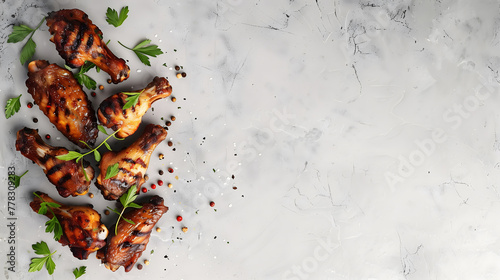 Barbecued chicken wings with herb garnish on a plain background with copy space. International chicken wing day, grilling month concept 