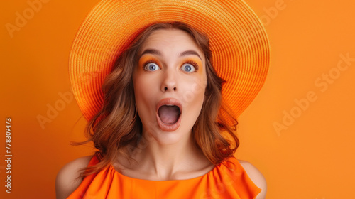 Amazed woman with wide eyes wearing an orange straw hat against an orange background