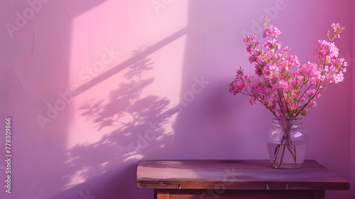 A wooden table near a blank, purple wall holds a vase filled with flowers. Background of a home's interior with copy space © DESIRED_PIC
