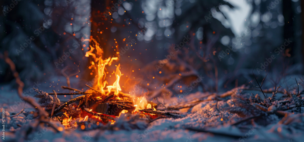 A fire burns in a cold forest, depicted with selective focus in an outdoor scene. A fire burns in a cold forest, depicted with selective focus in an outdoor scene.