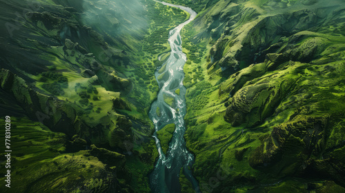 A river in the middle of a green valley from the sky, depicted in a luminist landscapes style with free-flowing lines.