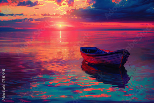 A boat in a body of water, characterized by a glossy finish and grandiose environments in a seapunk style. #778310485