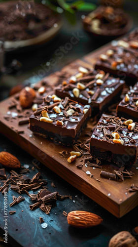 A tray of chocolate burfis  topped with chocolate ganache and garnished with chopped nuts and chocolate shavings  delicious food style  blur background  natural look