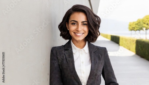 Smiling businesswoman with hands in pockets leaning on wall
