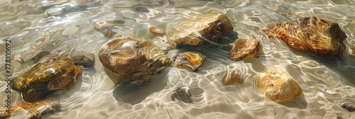 Rocks and sand submerged in water are portrayed in a lush baroque style with translucent geometries and a sun-kissed palette. photo