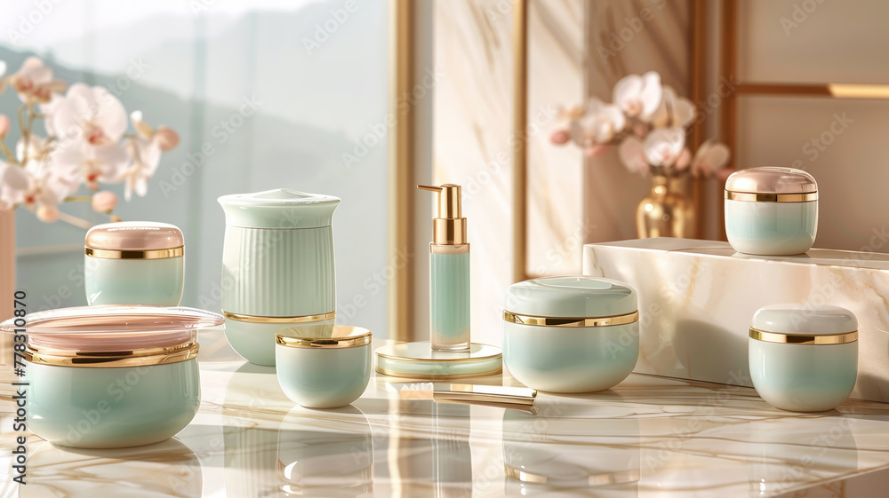 Pastel-toned beauty product collection with shiny gold details Pastel-toned beauty product collection with shiny gold details