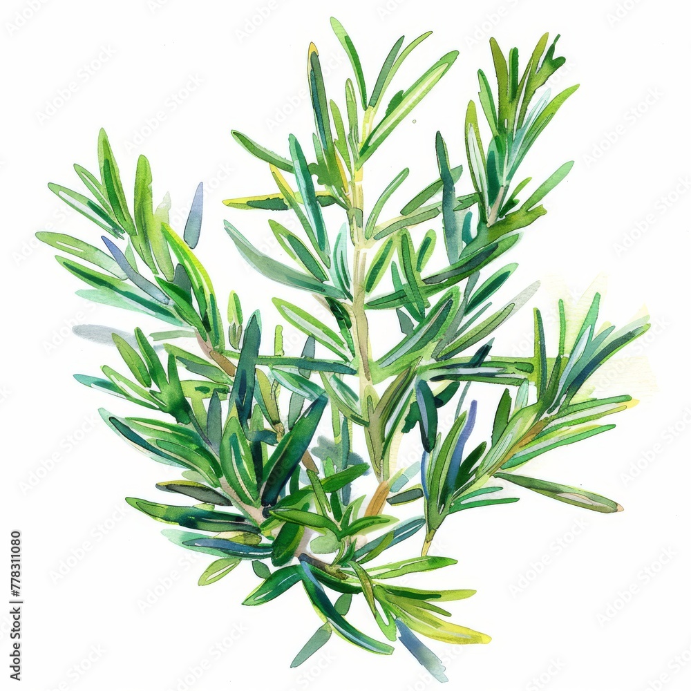 Obraz premium Watercolor clipart of fresh rosemary sprigs, vivid green, on a white background