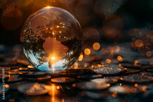 A crystal globe glowing atop a heap of digital coins, portraying the interconnectedness of global economies and the digital financial revolution photo