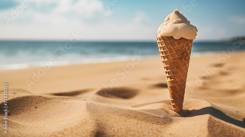 Close up of a khaki Ice Cream Cone at the Beach. Beautiful Summer Vacation Background
