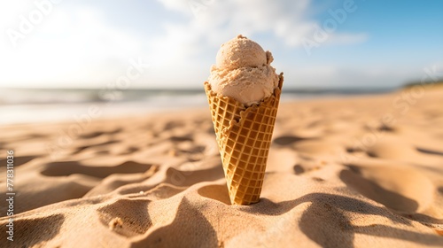 Close up of a khaki Ice Cream Cone at the Beach. Beautiful Summer Vacation Background