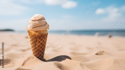 Close up of a khaki Ice Cream Cone at the Beach. Beautiful Summer Vacation Background