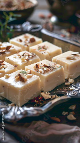 A tray of coconut malai barfis, topped with a layer of thickened milk and garnished with silver vark and chopped almonds, delicious food style, blur background, natural look