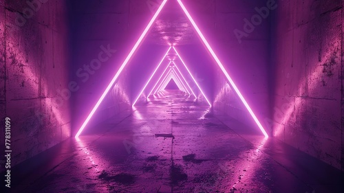 Geometric purple neon lights in dark corridor evoke depth