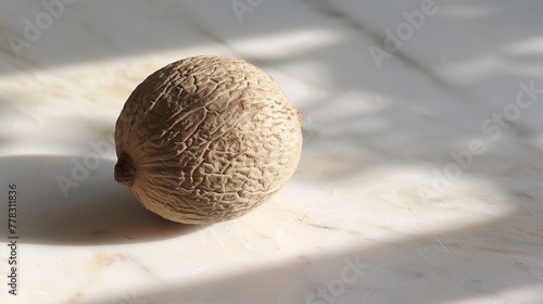 Whole nutmeg and grated nutmeg pile on white background. Contrast of spice forms. Design for culinary exploration, flavor enhancement concepts. 